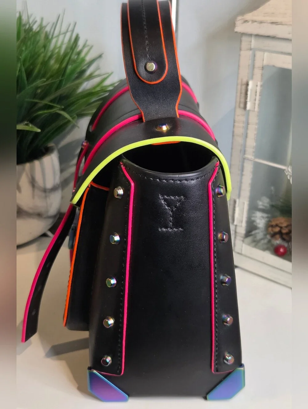 Michael Kors Manhattan Medium Black Leather Satchel Neon Oil Slick
